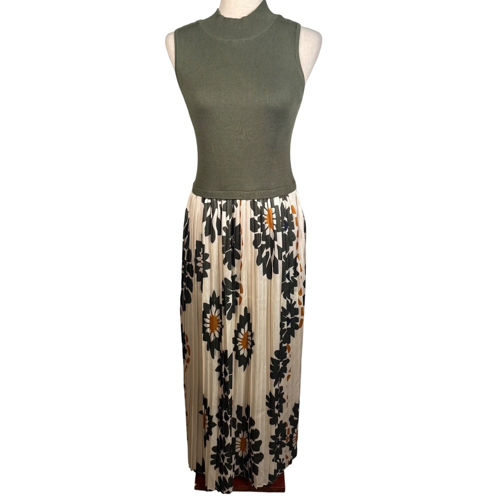 Skies Are Blue Maxi Dress XS Green Floral Mixed Media Boho Pleated Mock Neck